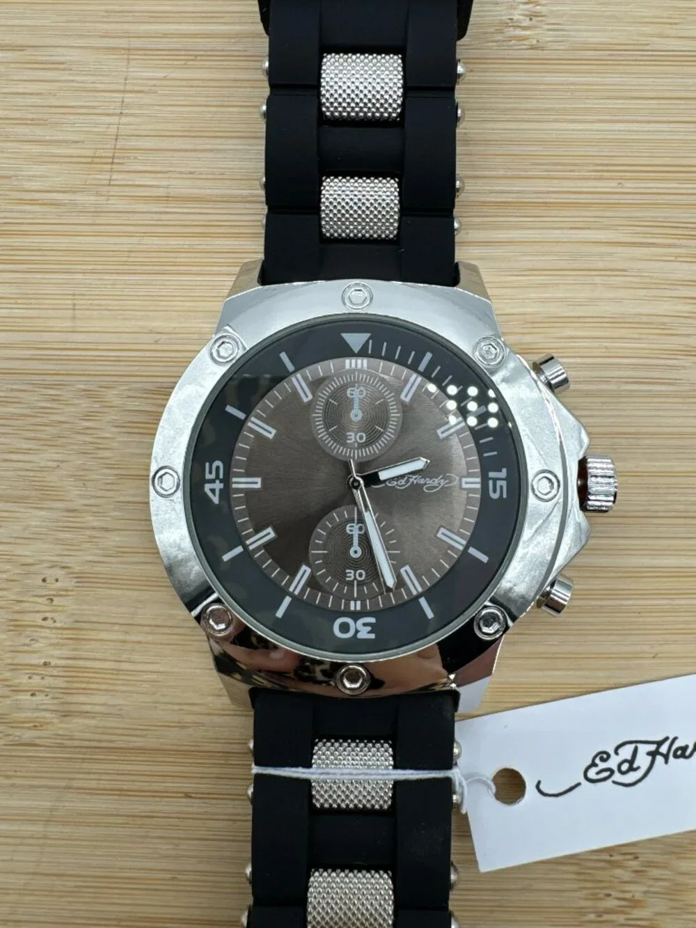 Ed Hardy Men's Silver Black Dial Black Silicone Band Quartz Watch